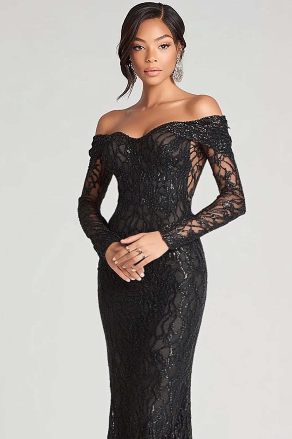Dreamyannie Off The Shoulder Black Wedding Guest Dress Sheath Formal Dress With Lace Long Sleeves
