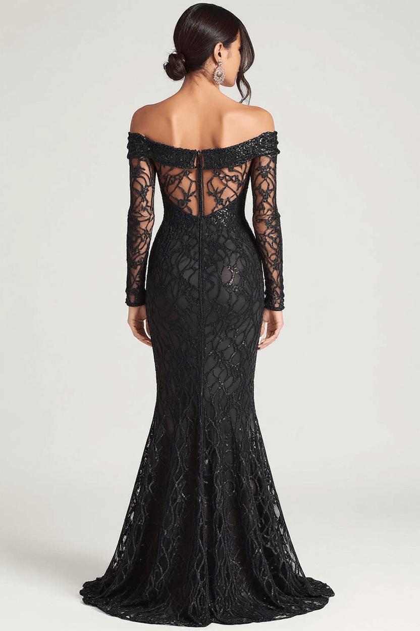 Dreamyannie Off The Shoulder Black Wedding Guest Dress Sheath Formal Dress With Lace Long Sleeves