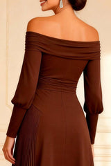 Dreamyannie Off The Shoulder Brown Chiffon Asymmetrical Pleated Mother Of The Bride Dress