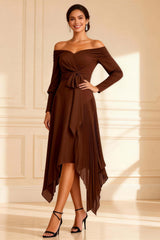 Dreamyannie Off The Shoulder Brown Chiffon Asymmetrical Pleated Mother Of The Bride Dress
