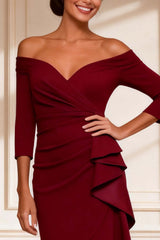 Dreamyannie Off The Shoulder Burgundy Asymmetrical Mother Of The Bride Dress With Ruffles