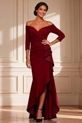 Dreamyannie Off The Shoulder Burgundy Asymmetrical Mother Of The Bride Dress With Ruffles