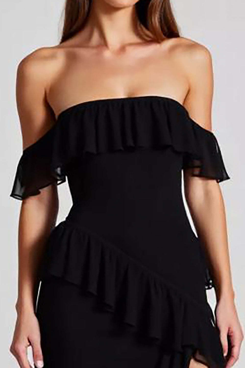Dreamyannie Off The Shoulder Chiffon Black Wedding Guest Dress Formal Dress With Slit