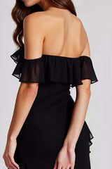 Dreamyannie Off The Shoulder Chiffon Black Wedding Guest Dress Formal Dress With Slit