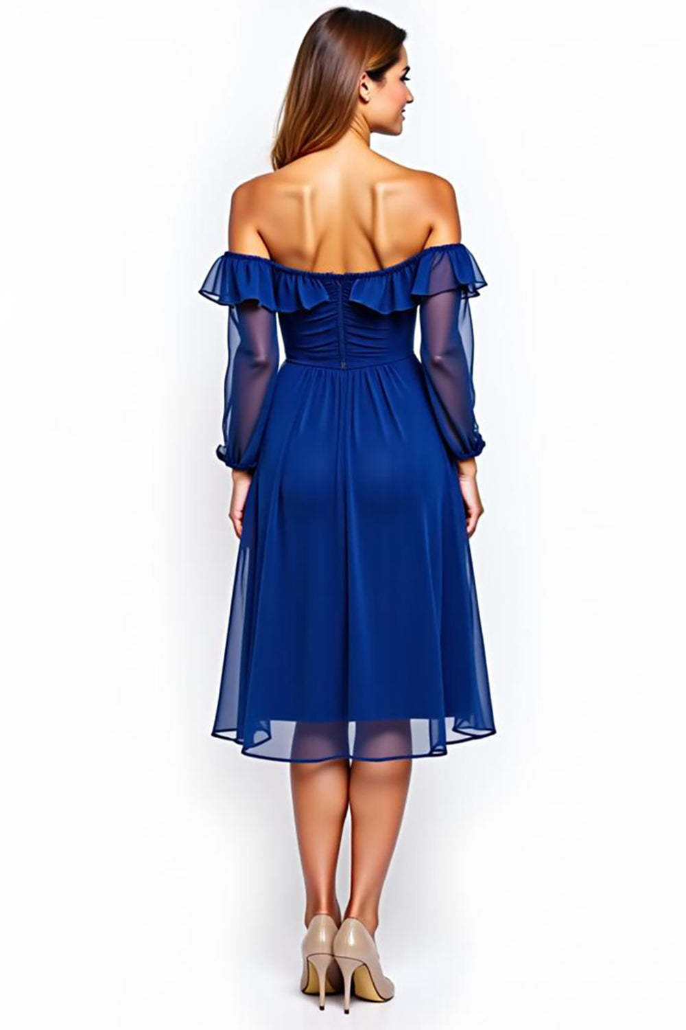 Dreamyannie Off The Shoulder Chiffon Royal Blue Wedding Guest Dress Knee-Length Formal Dress