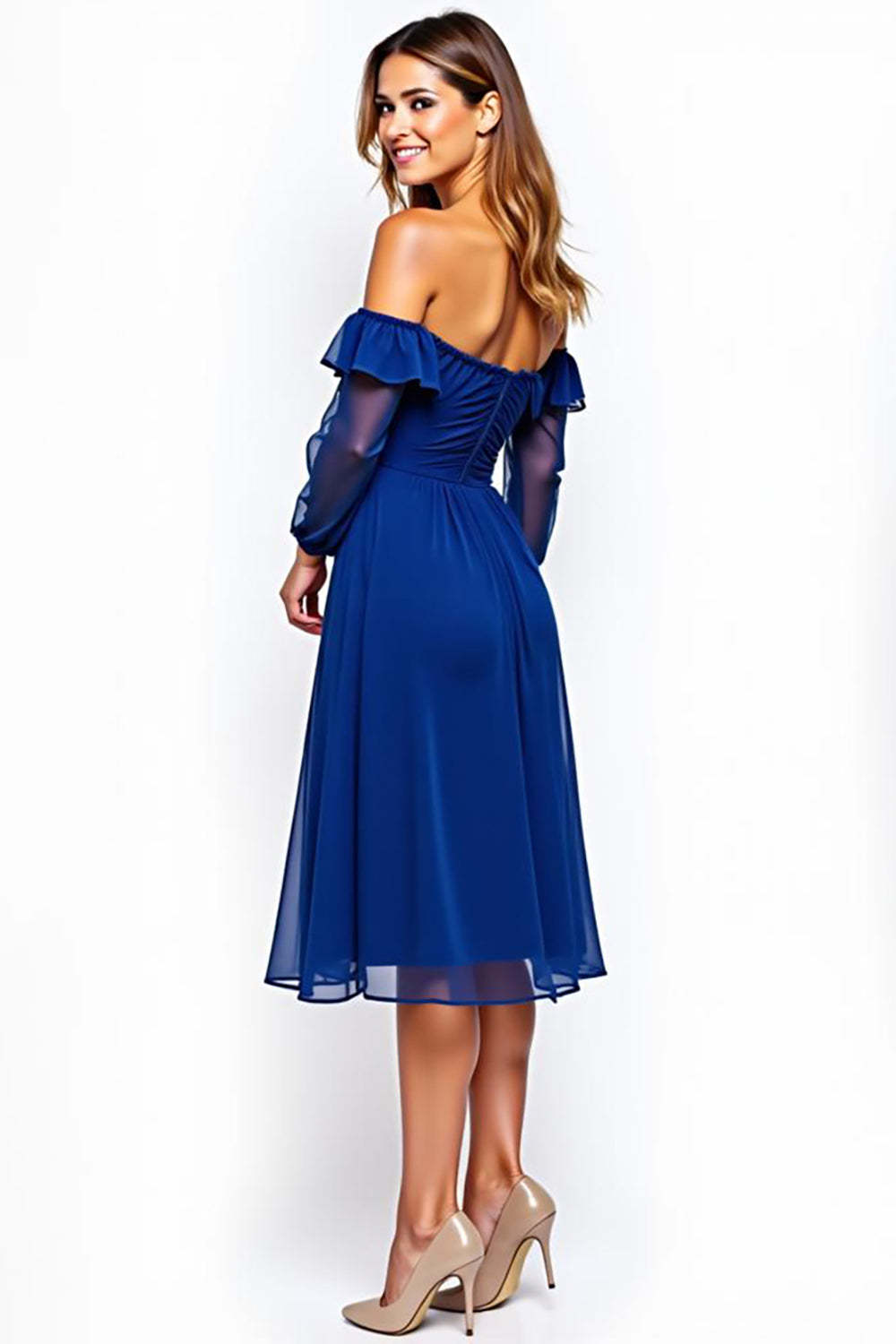 Dreamyannie Off The Shoulder Chiffon Royal Blue Wedding Guest Dress Knee-Length Formal Dress