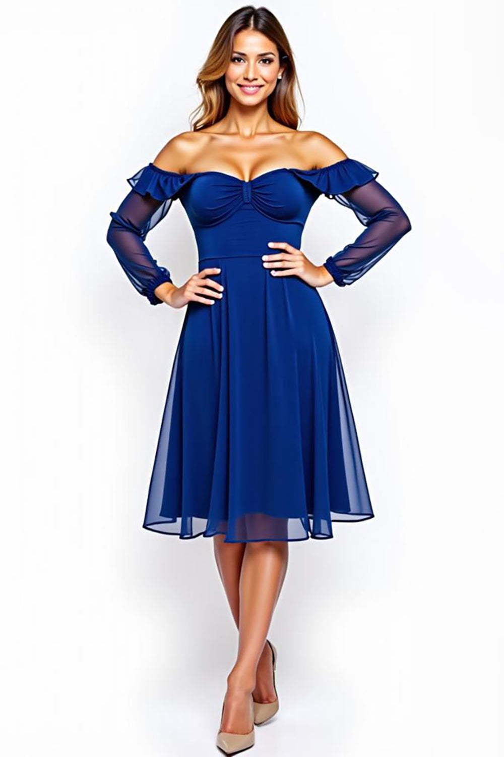Dreamyannie Off The Shoulder Chiffon Royal Blue Wedding Guest Dress Knee-Length Formal Dress