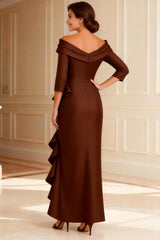 Dreamyannie Off The Shoulder Chocolate Ruffled Satin Long Mother Of The Bride Dress With Sleeves