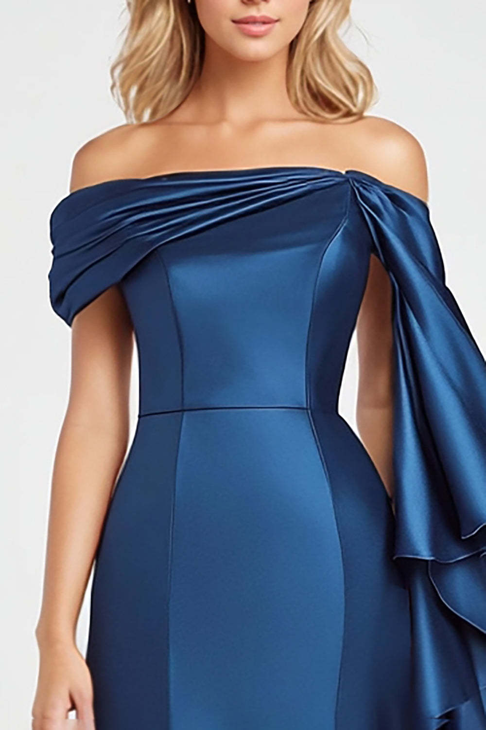 Dreamyannie Off The Shoulder Dark Blue Wedding Guest Dress Mermaid Satin Long Formal Dress With Ruffles