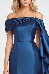 Dreamyannie Off The Shoulder Dark Blue Wedding Guest Dress Mermaid Satin Long Formal Dress With Ruffles