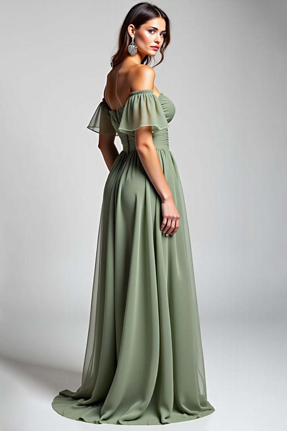 Dreamyannie Off The Shoulder Dusty Sage Wedding Guest Dress Long Chiffon Formal Dress