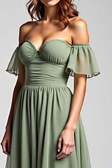 Dreamyannie Off The Shoulder Dusty Sage Wedding Guest Dress Long Chiffon Formal Dress