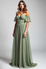 Dreamyannie Off The Shoulder Dusty Sage Wedding Guest Dress Long Chiffon Formal Dress