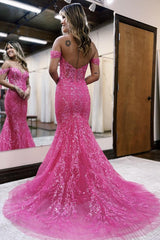 Dreamyannie Off The Shoulder Fuchsia Prom Dress Mermaid Evening Dress With Lace