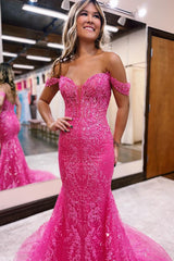 Dreamyannie Off The Shoulder Fuchsia Prom Dress Mermaid Evening Dress With Lace