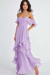 Dreamyannie Off The Shoulder Lilac Ruffled Long Formal Dress