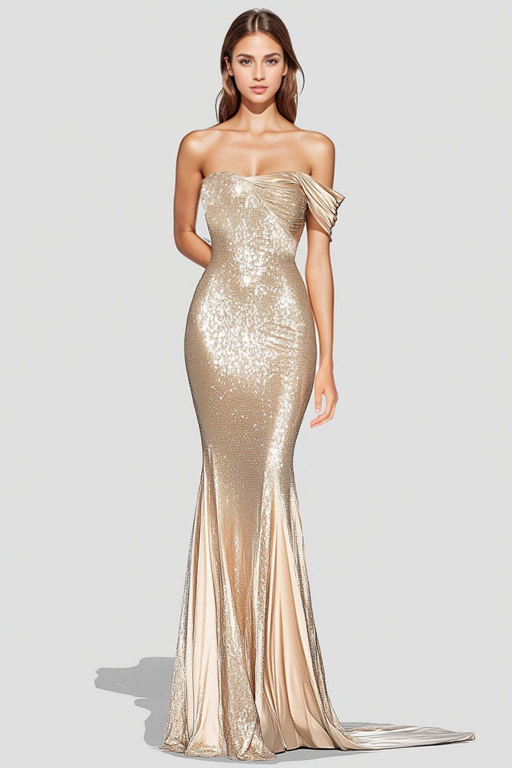 Dreamyannie Off The Shoulder Mermaid Champagne Wedding Guest Dress Long Formal Dress