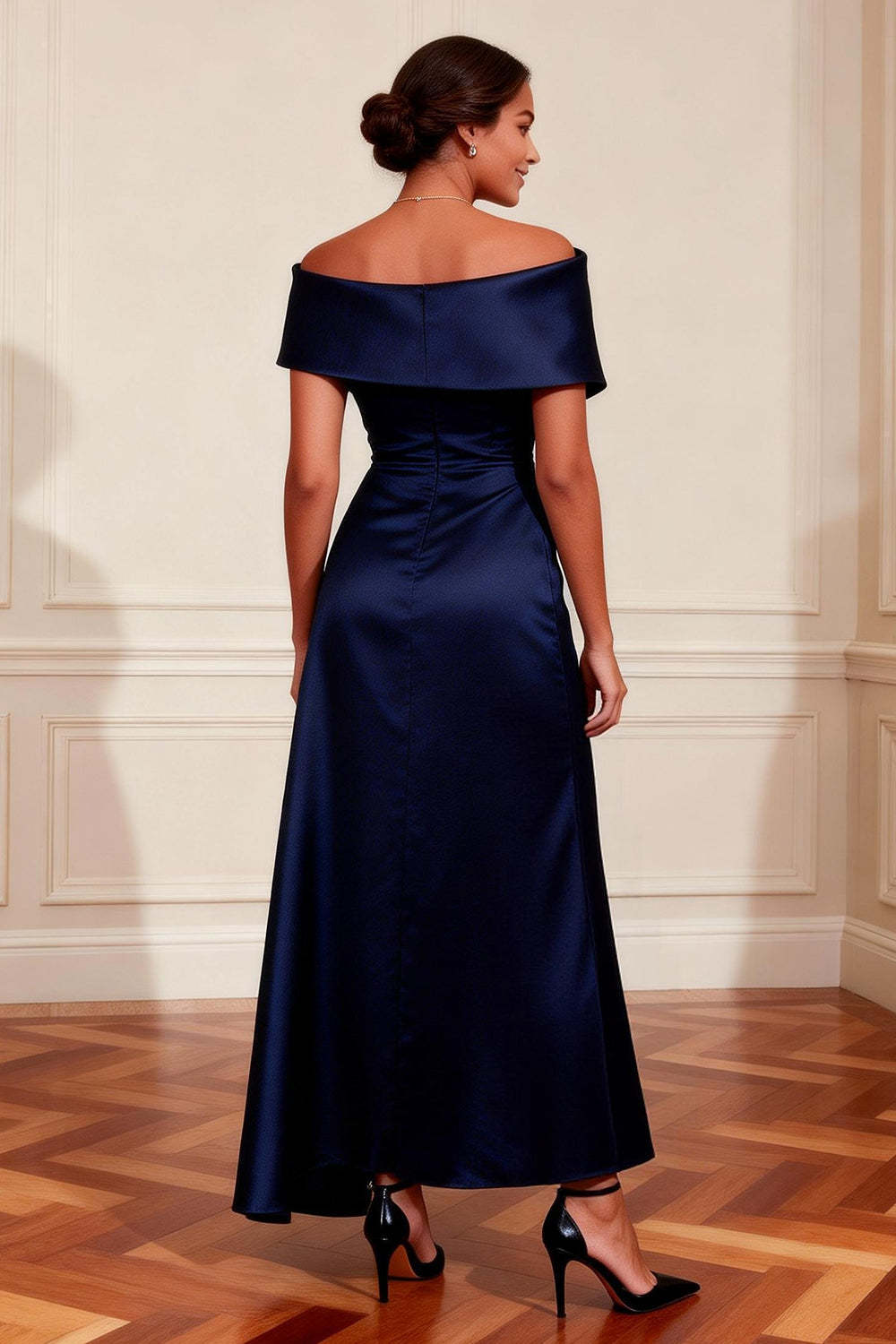 Dreamyannie Off The Shoulder Navy Satin A Line Long Mother Of The Bride Dress With Slit
