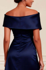 Dreamyannie Off The Shoulder Navy Satin A Line Long Mother Of The Bride Dress With Slit