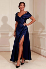 Dreamyannie Off The Shoulder Navy Satin A Line Long Mother Of The Bride Dress With Slit