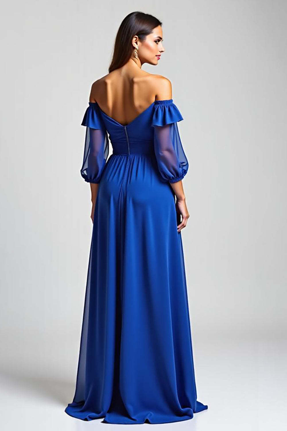 Dreamyannie Off The Shoulder Royal Blue Wedding Guest Dress High-Low Formal Dress With Half Sleeves