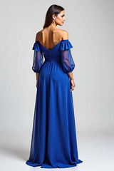 Dreamyannie Off The Shoulder Royal Blue Wedding Guest Dress High-Low Formal Dress With Half Sleeves