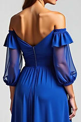 Dreamyannie Off The Shoulder Royal Blue Wedding Guest Dress High-Low Formal Dress With Half Sleeves
