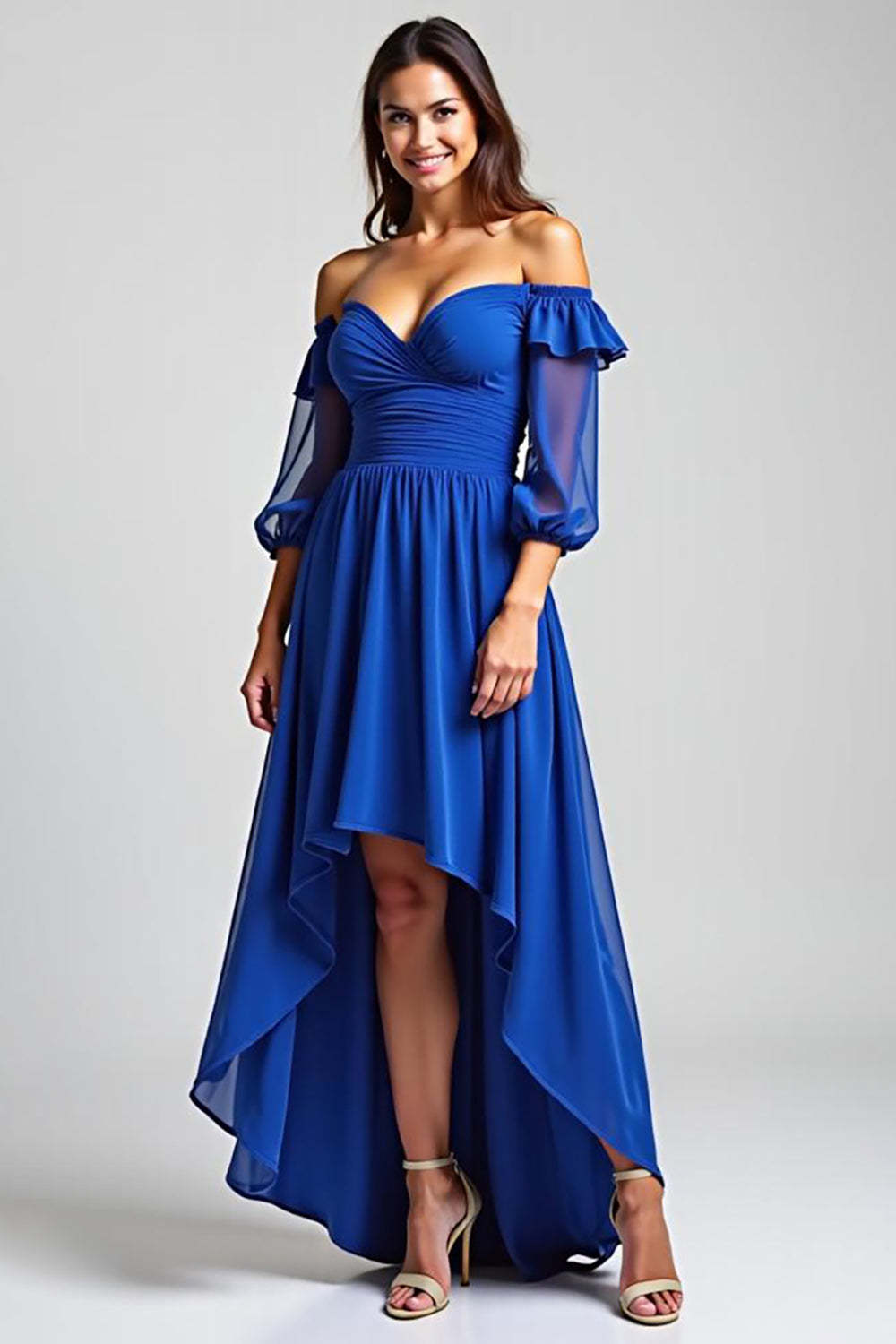 Dreamyannie Off The Shoulder Royal Blue Wedding Guest Dress High-Low Formal Dress With Half Sleeves