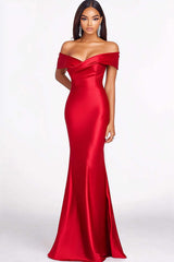 Dreamyannie Off The Shoulder Satin Red Wedding Guest Dress Mermaid Formal Dress