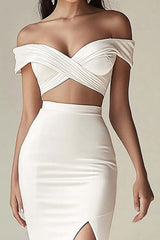 Dreamyannie Off The Shoulder White Ruched Formal Dress With Slit