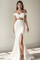 Dreamyannie Off The Shoulder White Ruched Formal Dress With Slit