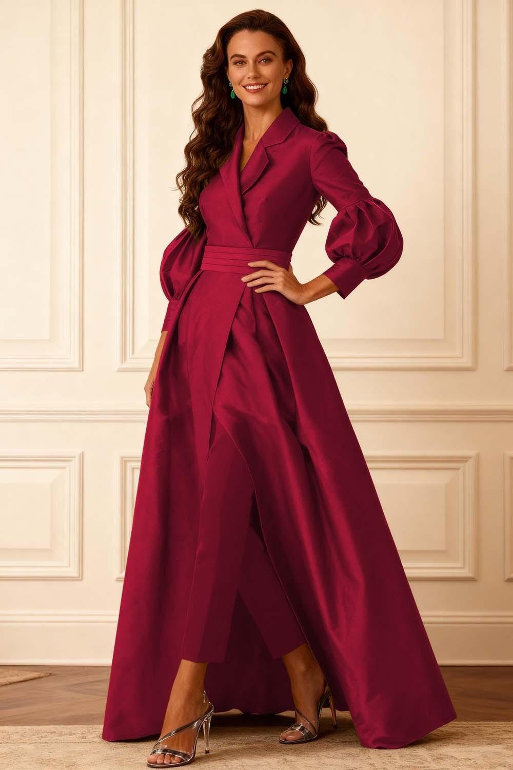 Dreamyannie Olive Notched Lapel Puff Sleeves 2 Piece Mother Of The Bride Pant Suits With Jacket