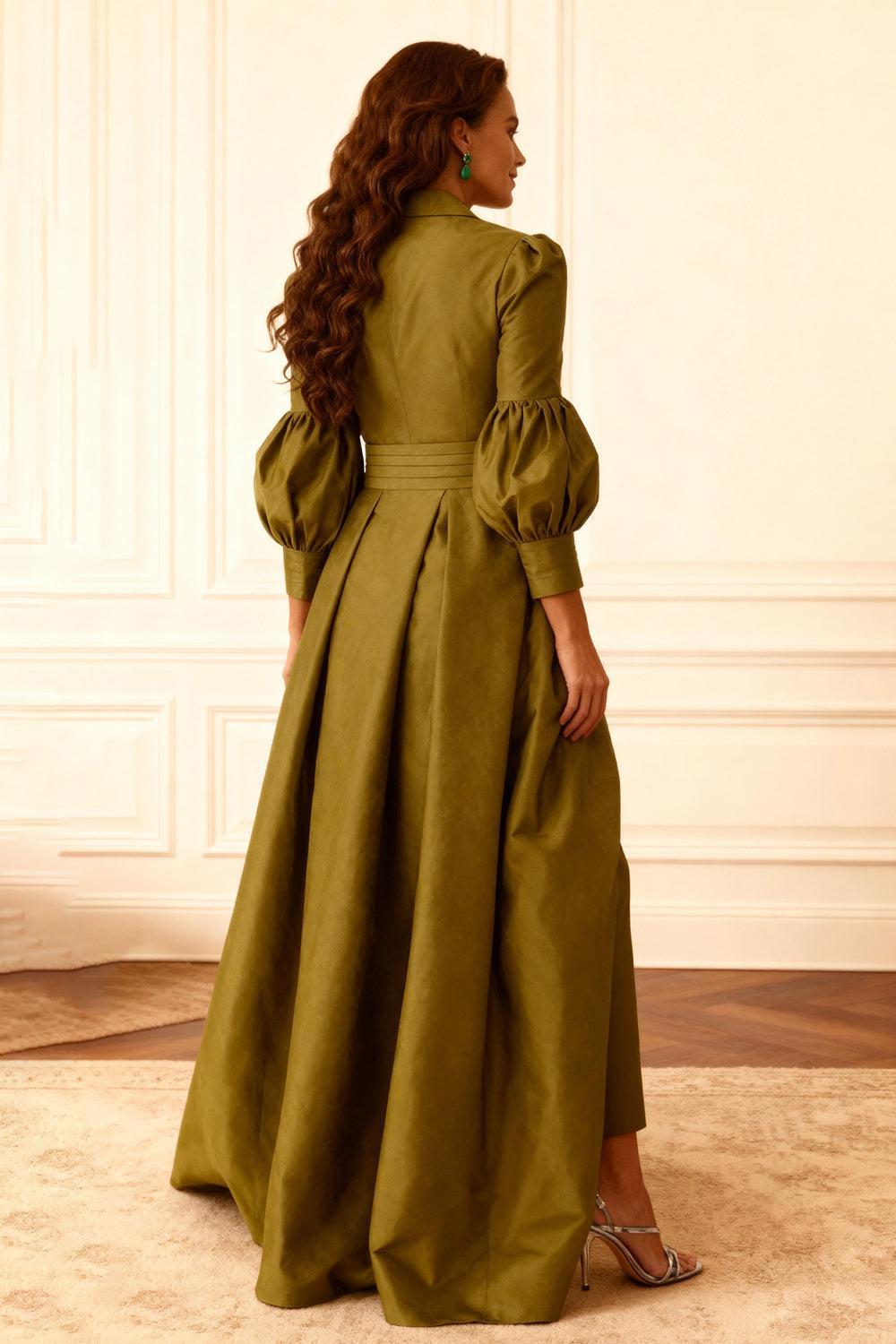 Dreamyannie Olive Notched Lapel Puff Sleeves 2 Piece Mother Of The Bride Pant Suits With Jacket