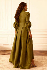 Dreamyannie Olive Notched Lapel Puff Sleeves 2 Piece Mother Of The Bride Pant Suits With Jacket