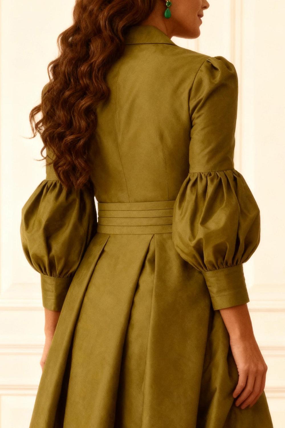 Dreamyannie Olive Notched Lapel Puff Sleeves 2 Piece Mother Of The Bride Pant Suits With Jacket