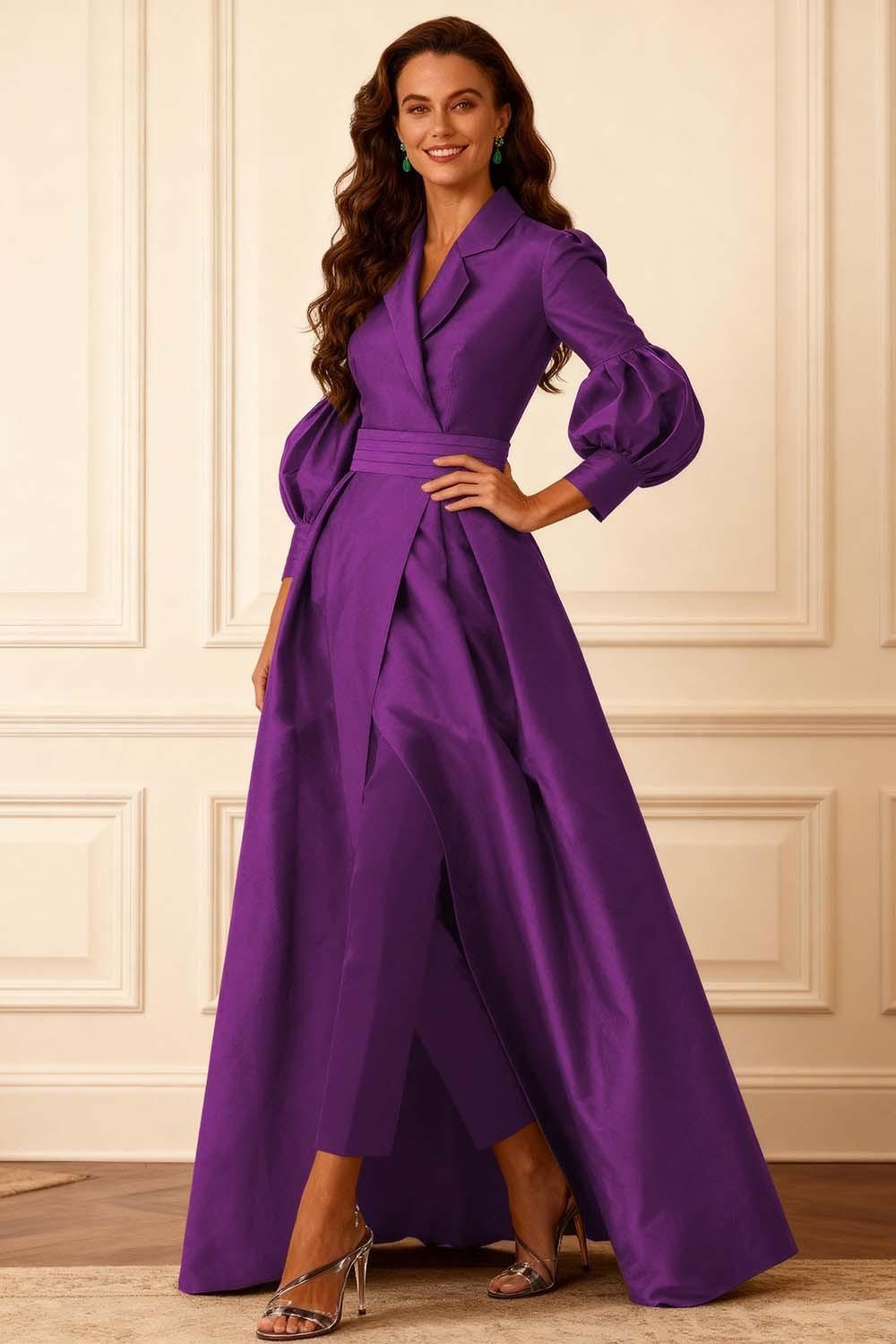 Dreamyannie Olive Notched Lapel Puff Sleeves 2 Piece Mother Of The Bride Pant Suits With Jacket