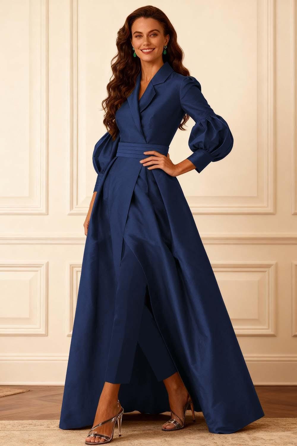 Dreamyannie Olive Notched Lapel Puff Sleeves 2 Piece Mother Of The Bride Pant Suits With Jacket