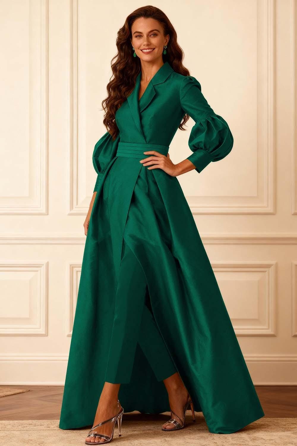 Dreamyannie Olive Notched Lapel Puff Sleeves 2 Piece Mother Of The Bride Pant Suits With Jacket