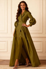 Dreamyannie Olive Notched Lapel Puff Sleeves 2 Piece Mother Of The Bride Pant Suits With Jacket