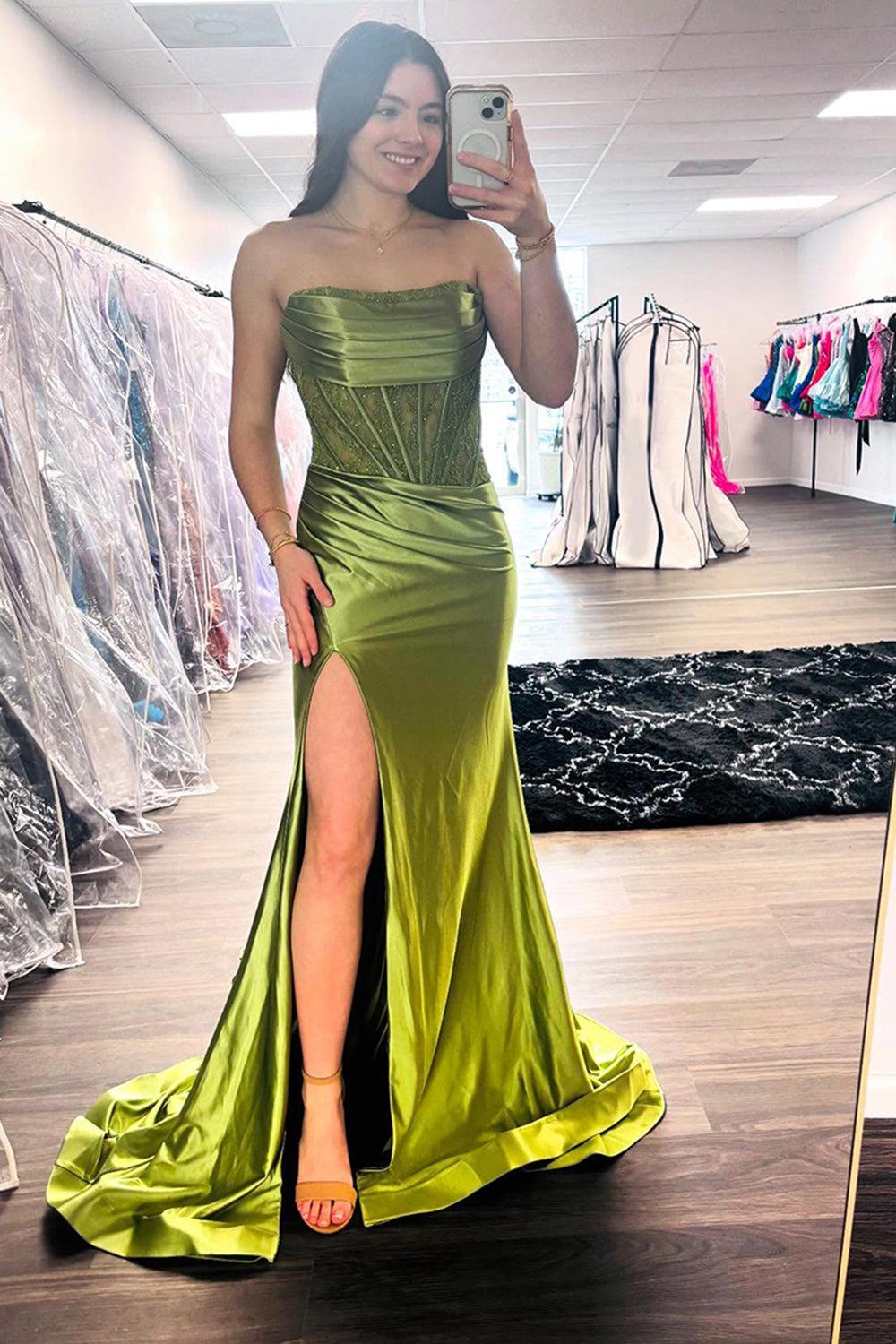 Dreamyannie Fuchsia Prom Dress Mermaid Appliques Ruche Long Evening Dress With Slit