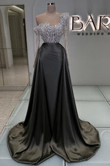 Dreamyannie Olive Square Neck Prom Dress A Line Panel Train Satin Formal Dress With Pearls