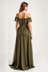 Dreamyannie Olive Wedding Guest Dress Chiffon Long Off The Shoulder Formal Dress