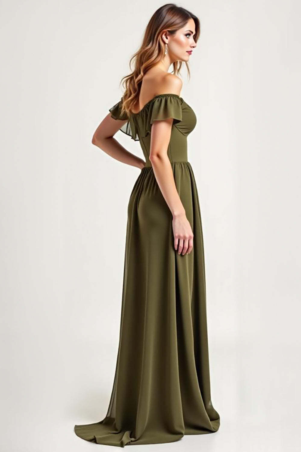 Dreamyannie Olive Wedding Guest Dress Chiffon Long Off The Shoulder Formal Dress