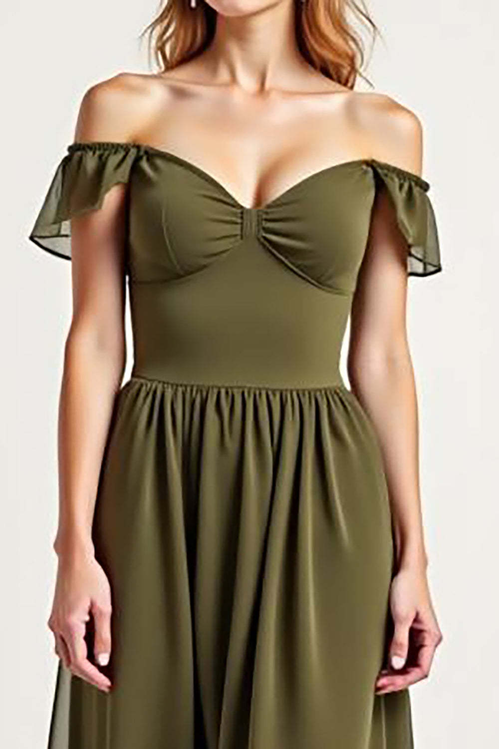 Dreamyannie Olive Wedding Guest Dress Chiffon Long Off The Shoulder Formal Dress