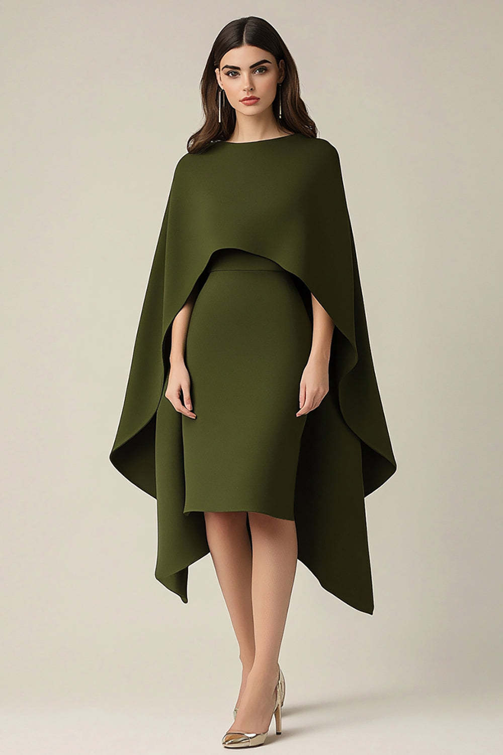 Dreamyannie Olive Wedding Guest Dress Scoop Sheath Formal Dress With Shawl