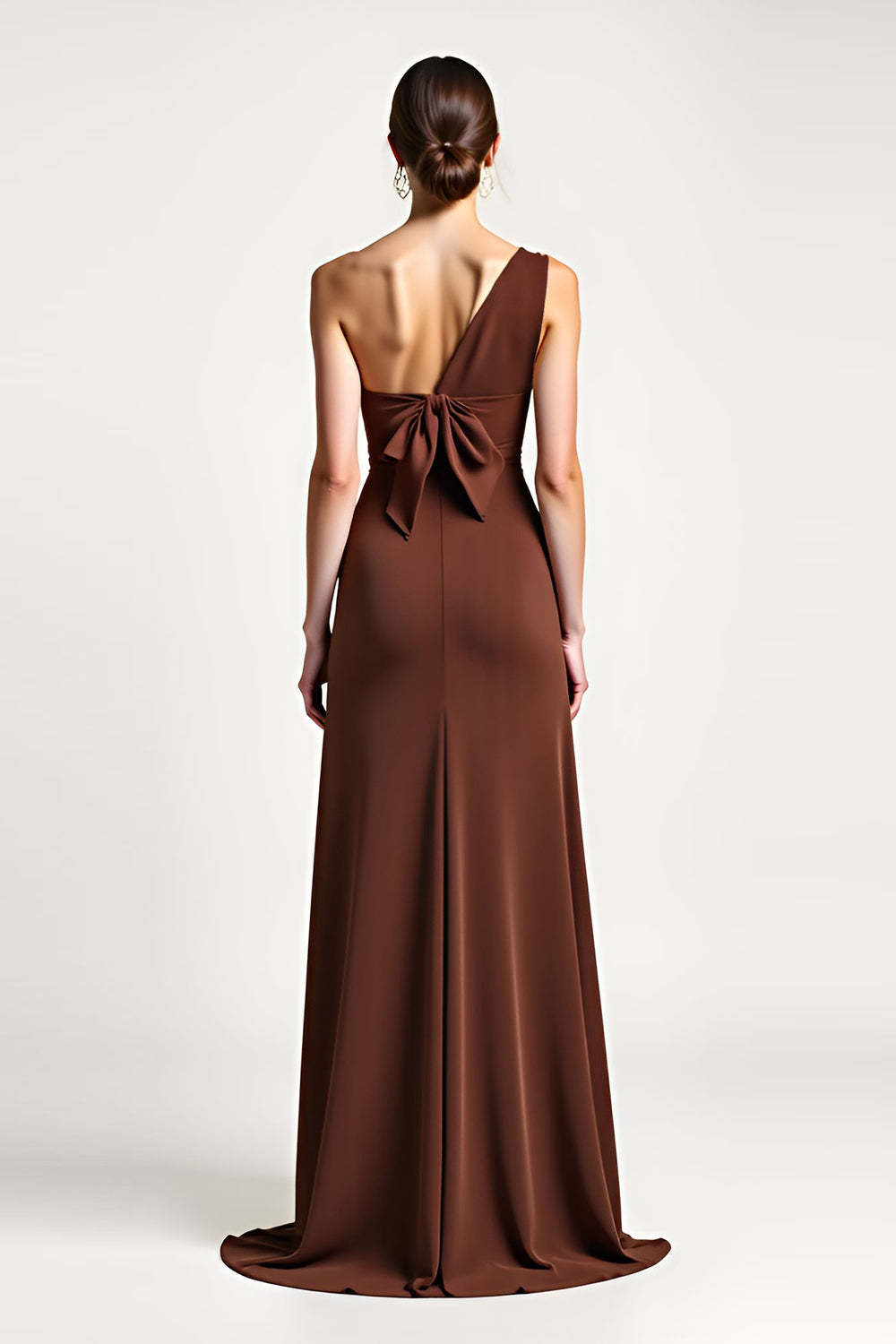 Dreamyannie One Shoulder Brown Sheath Long Formal Dress With Bow