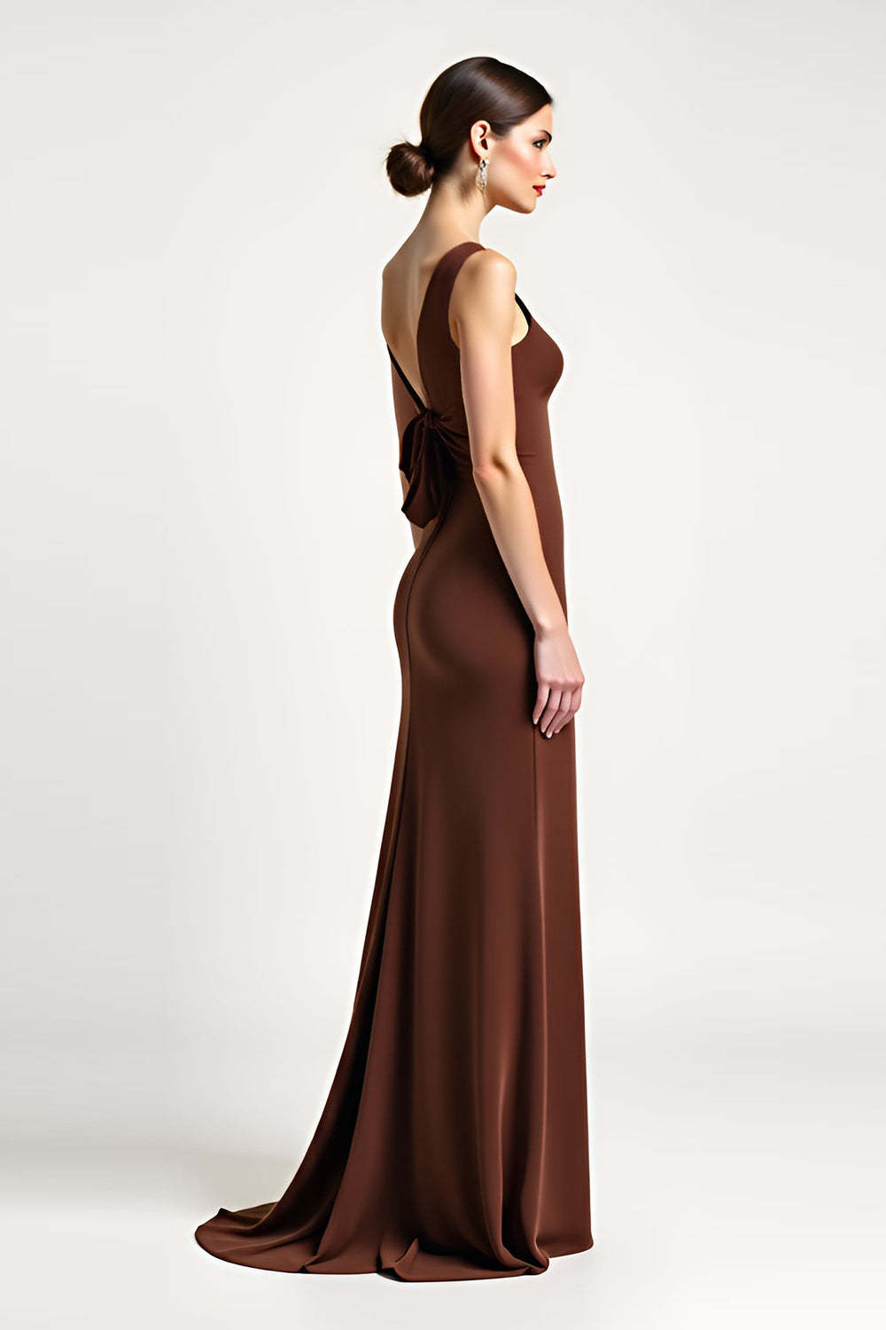 Dreamyannie One Shoulder Brown Sheath Long Formal Dress With Bow