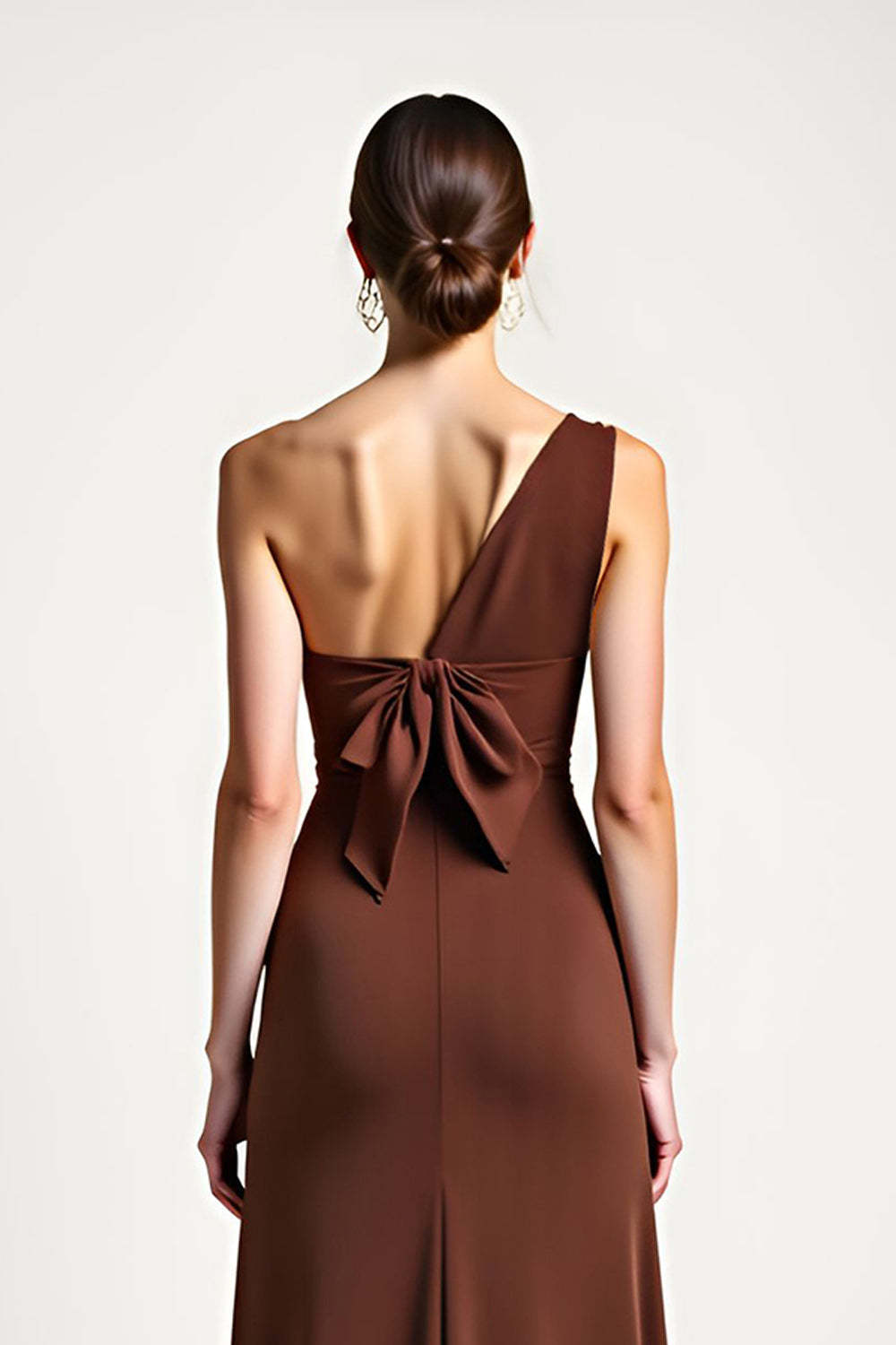 Dreamyannie One Shoulder Brown Sheath Long Formal Dress With Bow