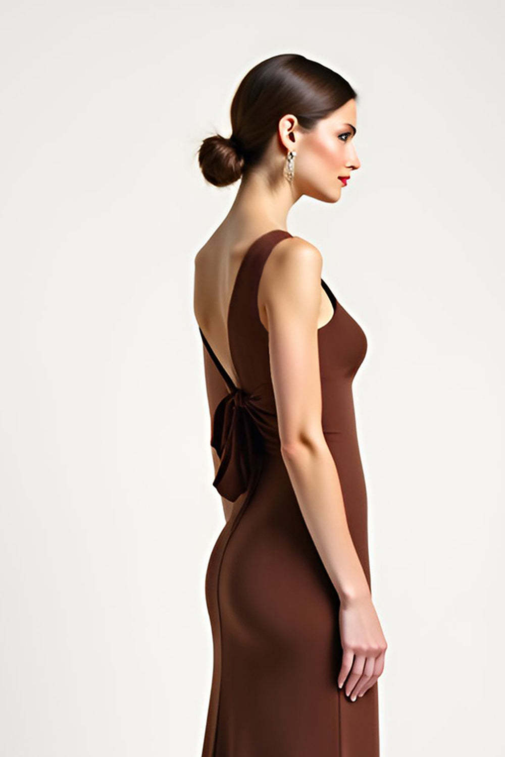 Dreamyannie One Shoulder Brown Sheath Long Formal Dress With Bow