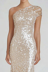 Dreamyannie One Shoulder Champagne Wedding Guest Dress Sheath Long Formal Dress